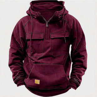 European And American Cross-border Retro Tough Guy New Men&#039;s Hooded Sweatshirt Youth Sports Multi-pocket Sticker Motorcycle Solid Color Jacket